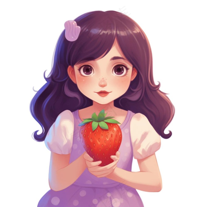 少女拿着草莓紫色衣裙美丽可爱人物卡通插画免抠(1024x1056)
