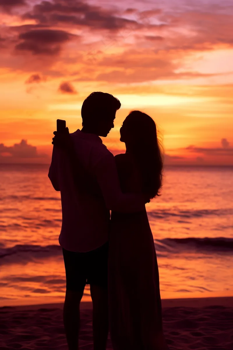 夕阳落日海边的情侣拍照唯美晚霞摄影图(2688x4032)