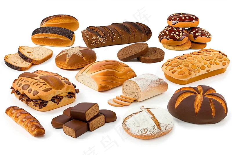 烘焙面包面点早餐美食白色背景摄影图(4032x2688)