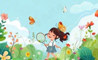 春天女孩在花丛里扑蝴蝶玩耍儿童节踏青春分插画背景
