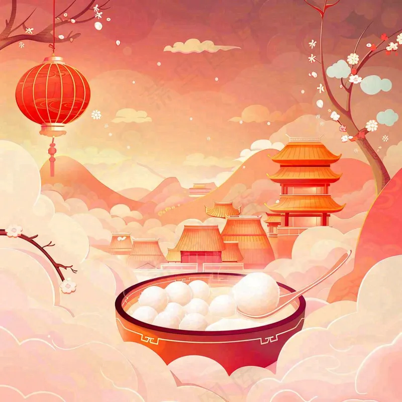 元宵汤圆节日灯笼红色喜庆插画背景(1024x1024)
