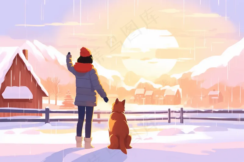 冬季雪地里女孩牵着小狗看着夕阳落山晚霞卡通插画背景(4032x2688)