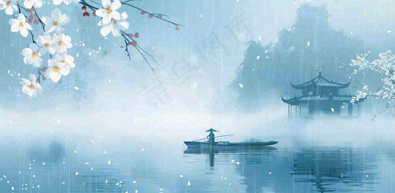 雨水春分背景清明清明节清明节唯美古风意境山水风景插画海报背景(1568x768)