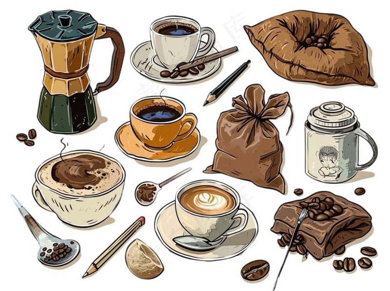 咖啡元素手绘卡通插画素材免抠