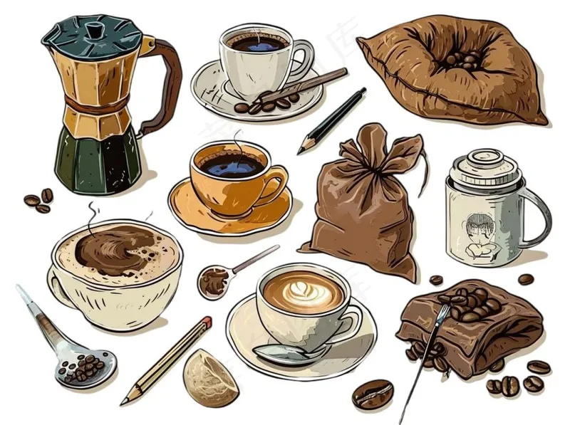 咖啡元素手绘卡通插画素材免抠(1264x944)