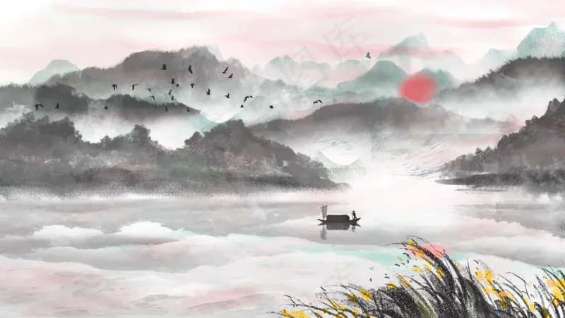 中国风山水彩色国画插画装饰画素材15psd模版下载