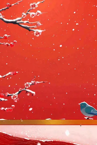 冬天红色宫墙背景梅花树枝小鸟白雪大雪冬至小年新年春节插画背景