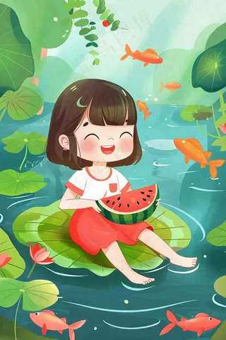 夏天荷花莲花池塘女孩吃西瓜坐着荷叶上唯美清凉立夏夏至卡通插画背景