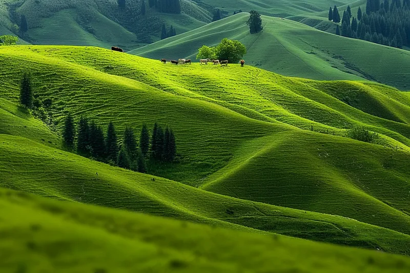 春天草甸山峦树木草地摄影图(4032x2688)