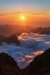 清晨日出朝霞云层山川摄影图