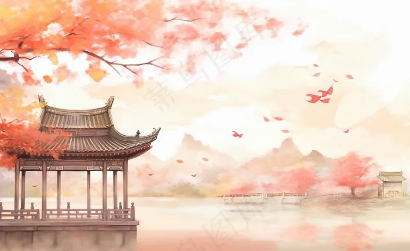 秋季枫叶晚亭山水湖面倒影美景中国风水墨画插画背景(1408x864)