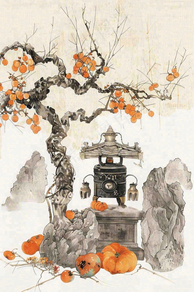 水墨画静物速写柿子花瓶柜台秋天立秋中国风插画背景(896x1344)