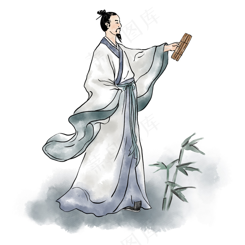古风水墨中国古代历史人物屈原拿着竹简插画元素psd模版下载