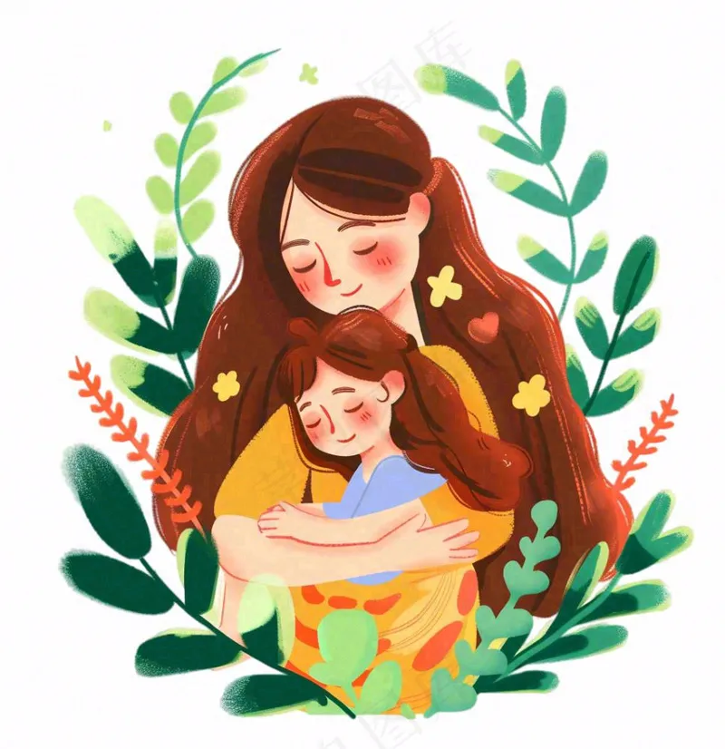 妈妈抱着孩子母亲花草环抱亲情卡通插画免抠(1024x1056)