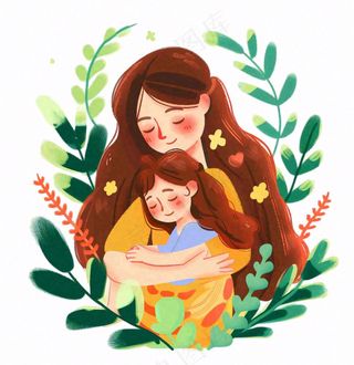妈妈抱着孩子母亲花草环抱亲情卡通插画免抠