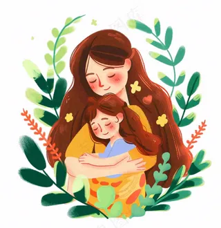 妈妈抱着孩子母亲花草环抱亲情卡通插画免抠