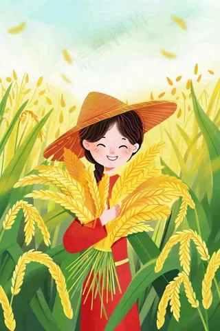 丰收季女孩抱着麦穗金黄的小麦稻穗农田芒种小满秋分立秋卡通插画背景