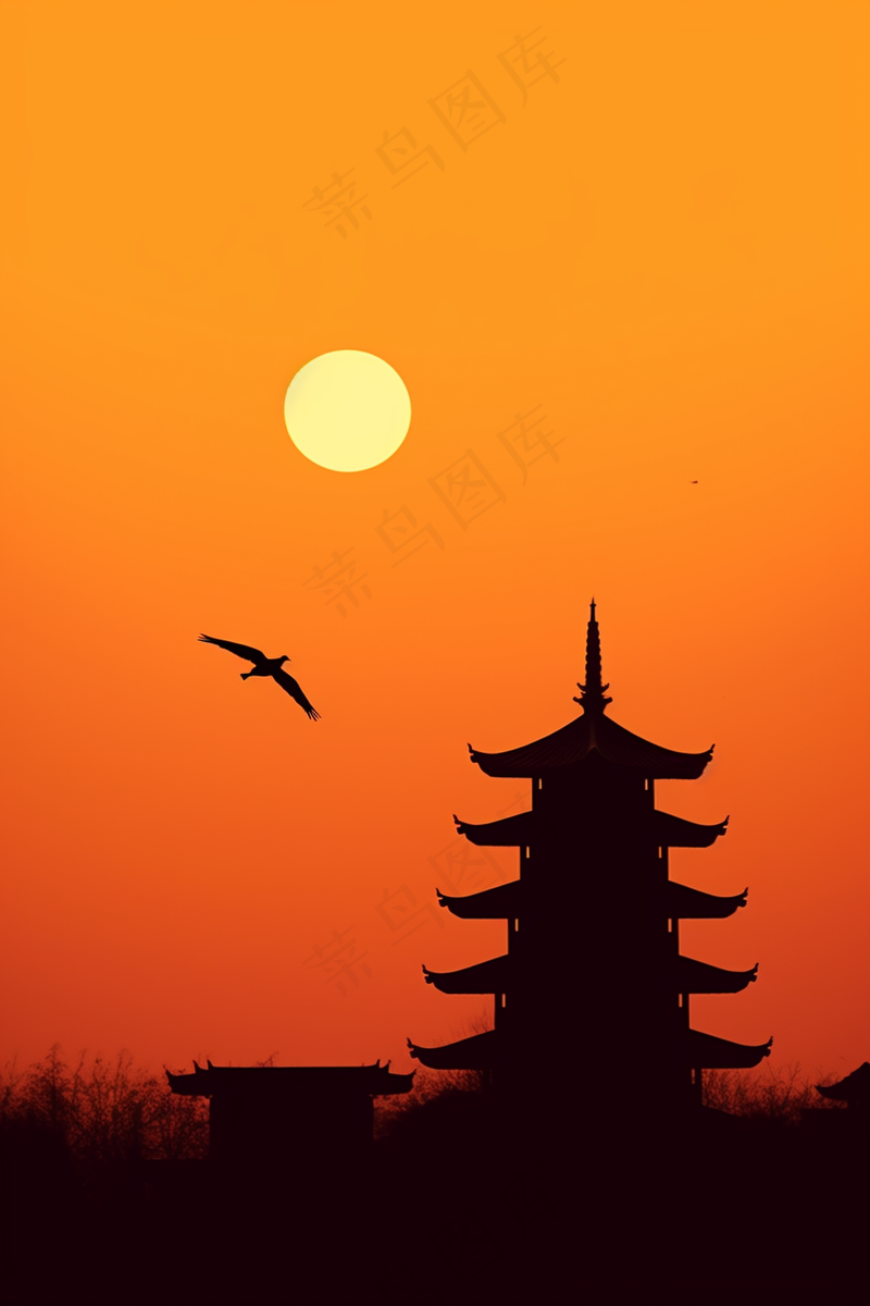 夏阳落日下的古塔大雁飞过晚霞余晖摄影图(2688x4032)