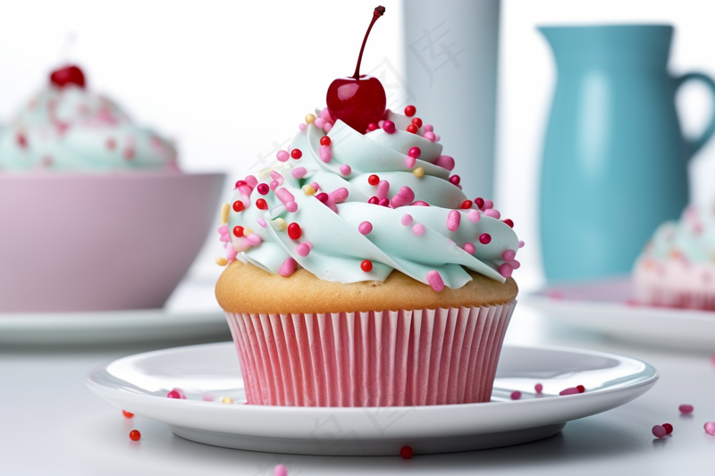 纸杯蛋糕樱桃奶油下午茶摄影图 