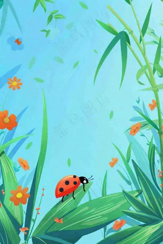 春天草丛花丛里的昆虫七星瓢虫蓝色背景踏青立春春分惊蛰卡通插画背景