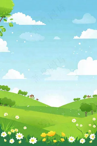 春天绿草地蓝天白云立春春分惊蛰小满卡通插画背景
