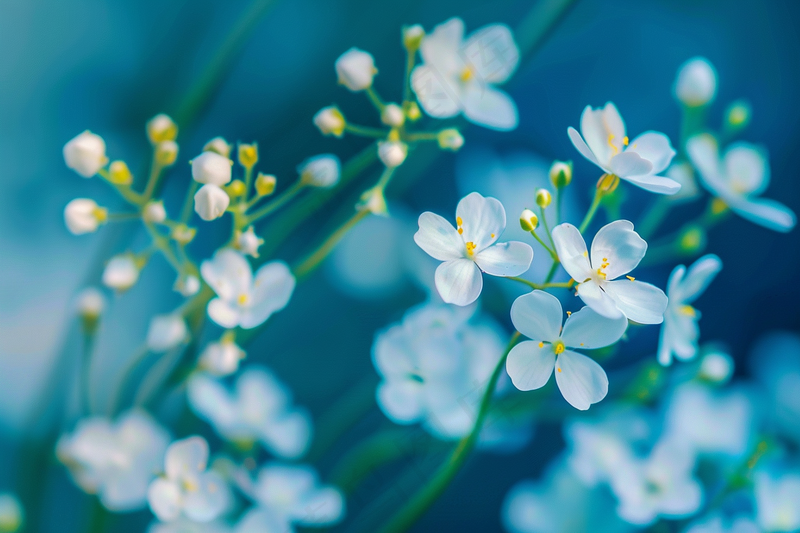 白色小花朵蓝绿色春夏摄影图