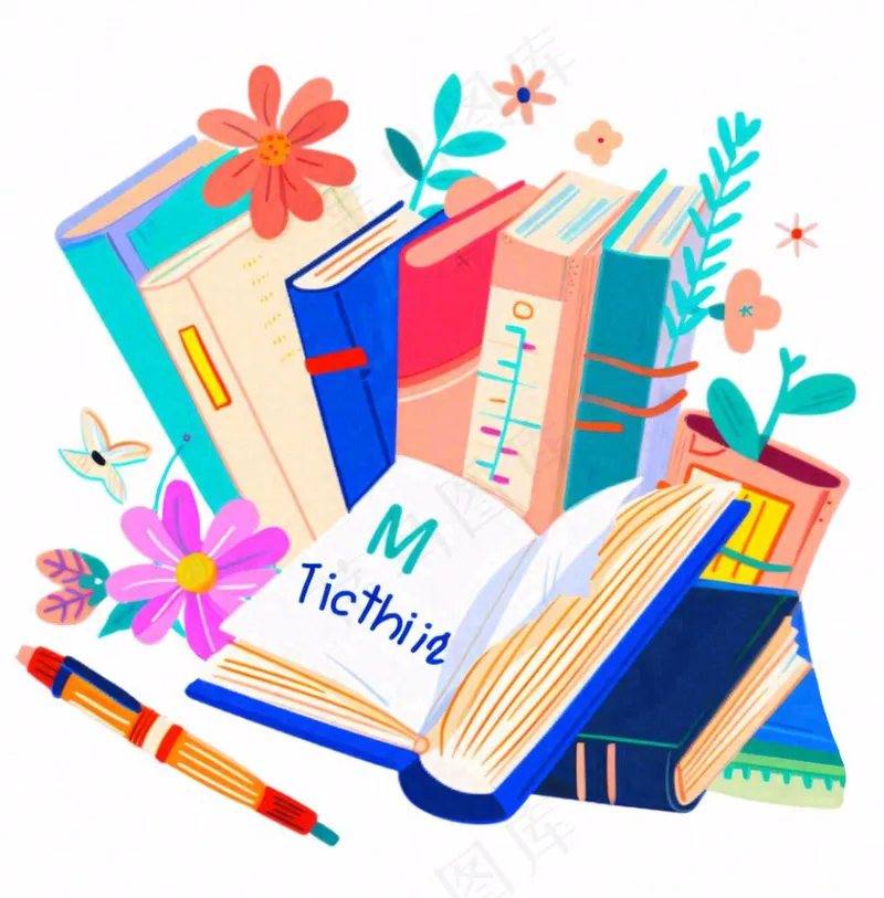 书本阅读日植物花朵学习工具卡通插画免抠(1024x1040)