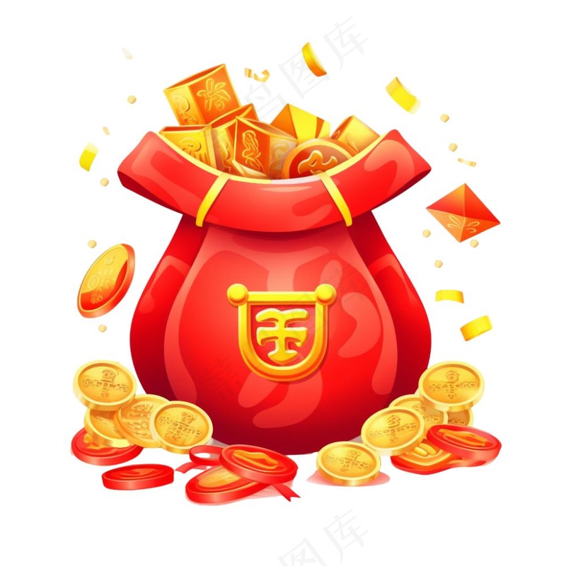 大吉卡通新年福袋金元宝简约福袋金子金币国潮新年元素免抠(1024x1024)