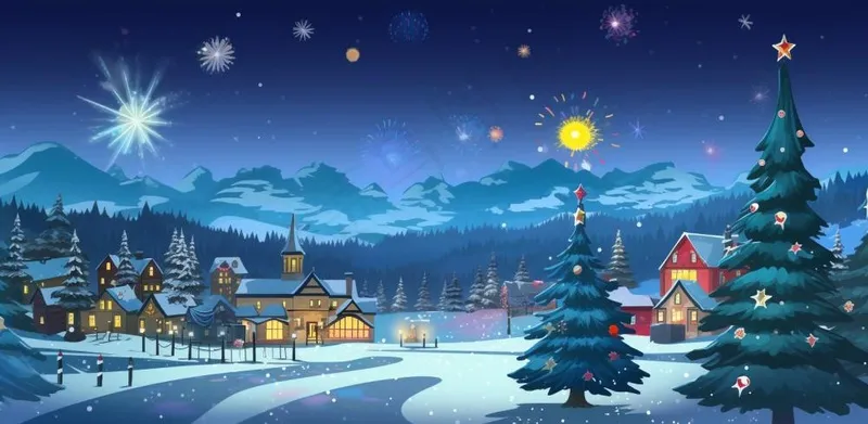 冬季雪天圣诞小镇装饰夜晚节日氛围卡通插画背景(1568x768)