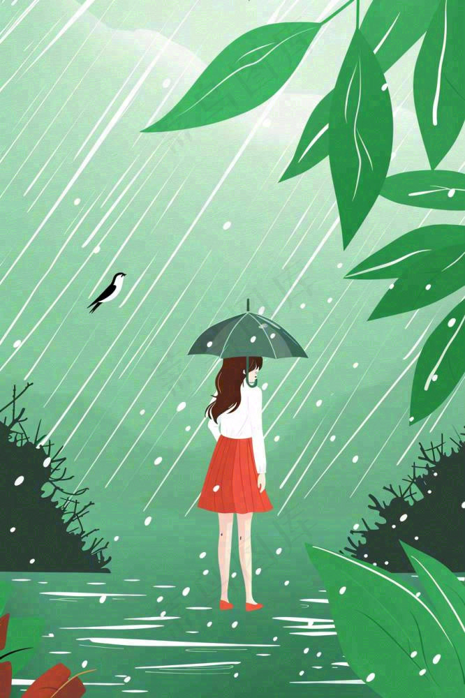 春天梅雨季红色女孩打雨伞户外绿色植物雨水谷雨卡通插画背景