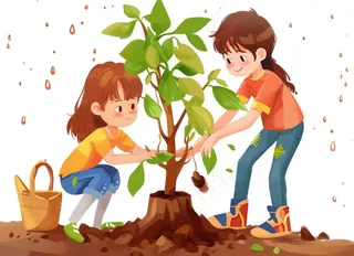 植树节学生们植树浇水爱护环境卡通插画免抠