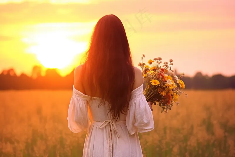 夕阳少女拿着花束走在花丛中晚霞落日美景摄影图(4032x2688)