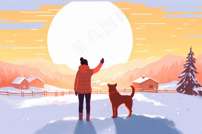 冬季雪地里女孩牵着小狗看着夕阳落山晚霞卡通插画背景(4032x2688)