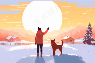 冬季雪地里女孩牵着小狗看着夕阳落山晚霞卡通插画背景