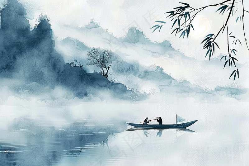 水墨山水画小船河面山川连绵国画插画背景(4032x2688)