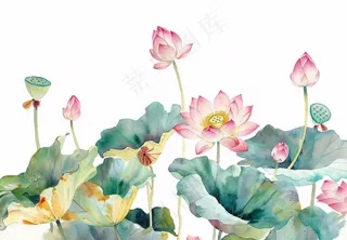 夏天荷花荷叶国风水彩画免抠