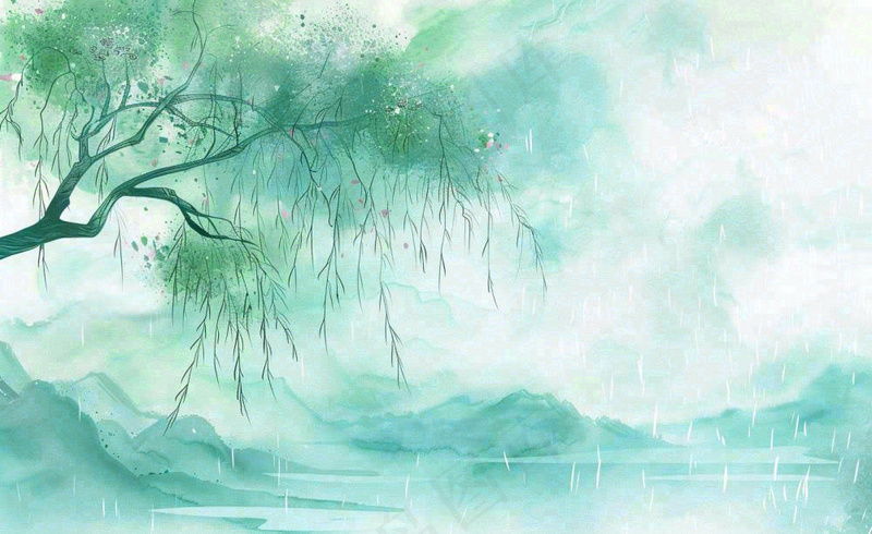 春天梅雨季柳树燕子清冷雨水谷雨惊蛰清明节水墨水彩插画背景(1408x864)