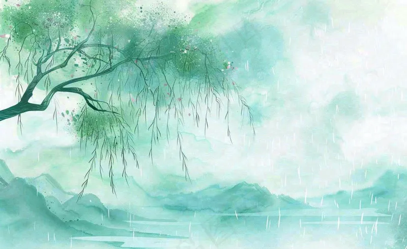 春天梅雨季柳树燕子清冷雨水谷雨惊蛰清明节水墨水彩插画背景(1408x864)
