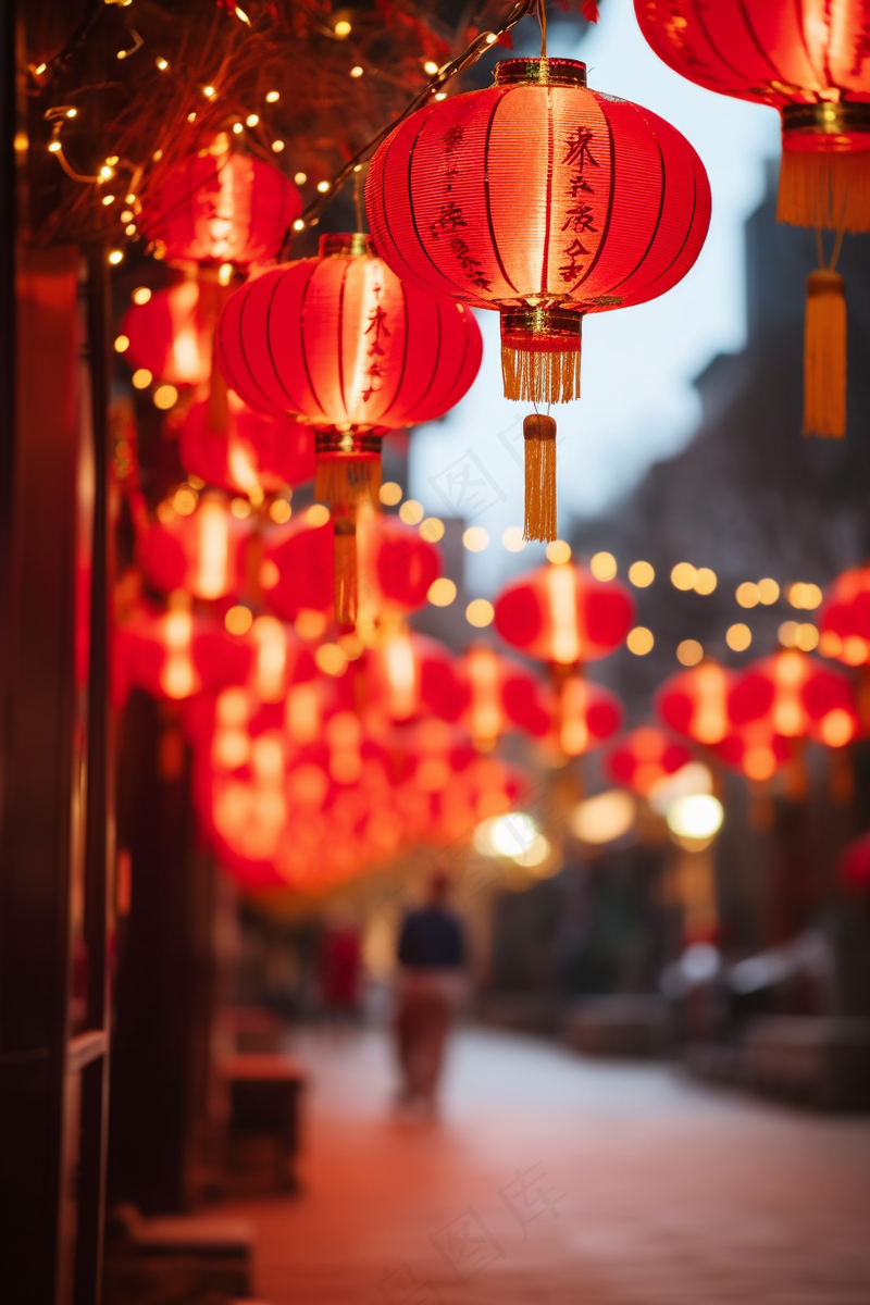 新年街道挂满红灯笼喜庆装饰摄影图(2688x4032)