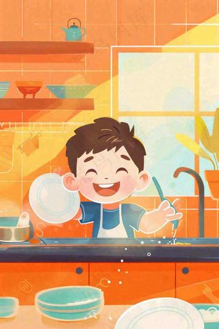 手绘五一劳动节假期学生做家务场景插画卡通劳动节儿童插画背景
