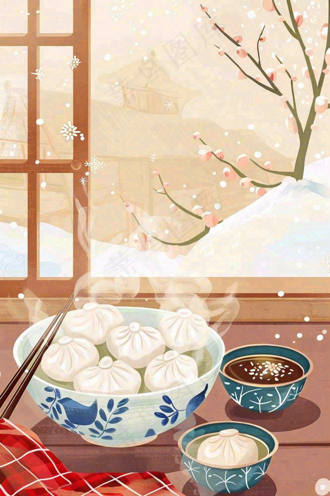 冬至吃饺子中国传统美食节日插画背景(896x1344)