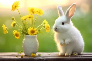 可爱小白兔花瓶绿色背景摄影图