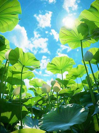 夏日荷花荷叶池塘绿叶下蓝天白云立夏大暑小暑摄影图