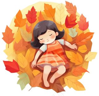 秋天躺着落叶上的女孩儿童树叶卡通插画免抠