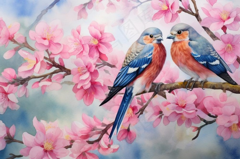桃花樱花树枝上的蓝色小鸟插画背景(1200x800)