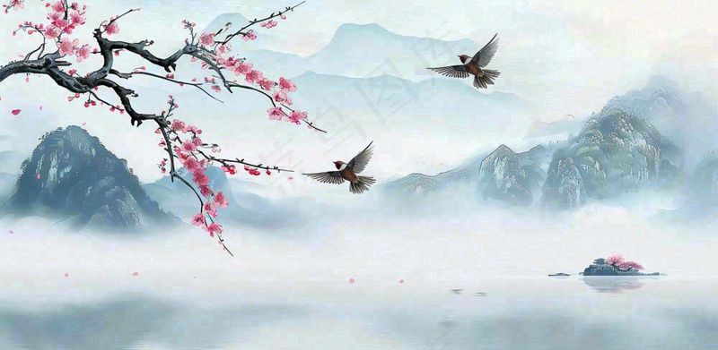 中国风水墨画山水船梅花春天春分清明插画背景(1568x768)