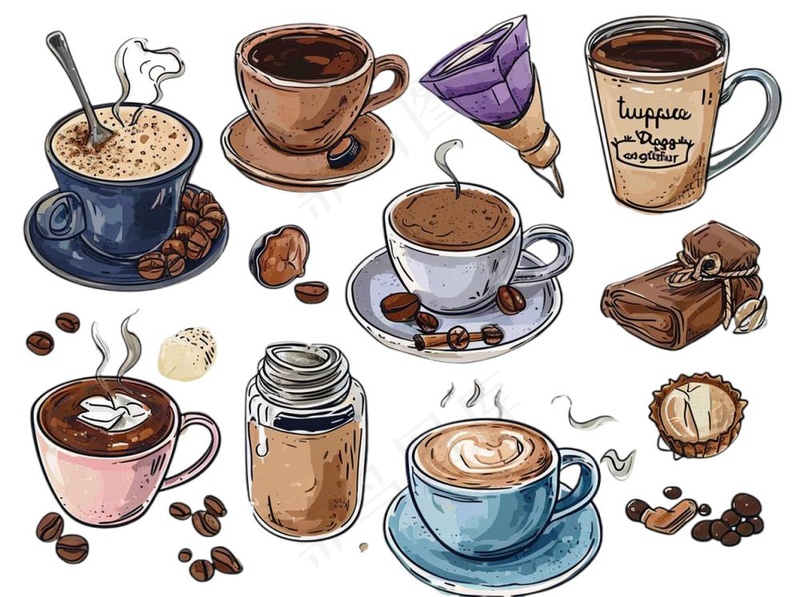 咖啡元素手绘卡通插画素材免抠