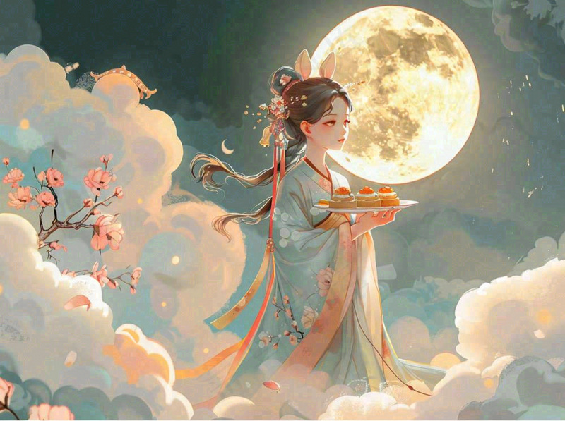 中秋节嫦娥玉兔月下嫦娥手捧月饼插图卡通唯美手绘可爱古风插画壁纸背景