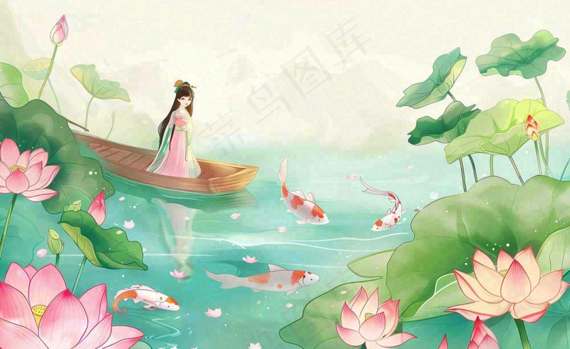 夏日清凉唯美荷花荷叶飘在水面古风少女乘小舟划船卡通人物插画处暑立夏小暑背景