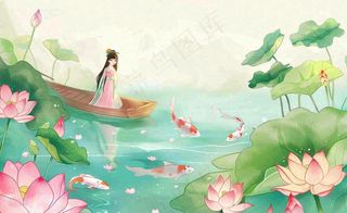 夏日清凉唯美荷花荷叶飘在水面古风少女乘小舟划船卡通人物插画处暑立夏小暑背景